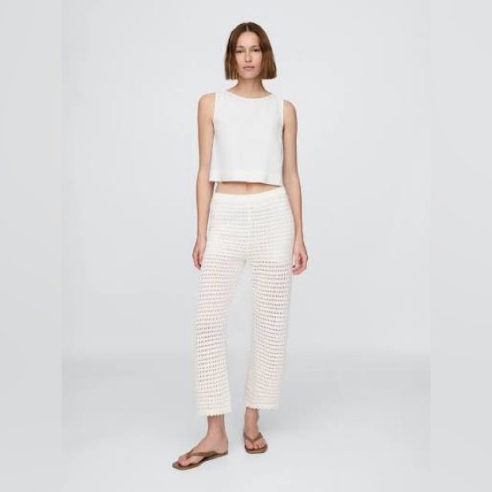 GAP Soft Knit 100% Cotton Crochet Ankle Pants Off White Semi-Sheer sz L TALL
